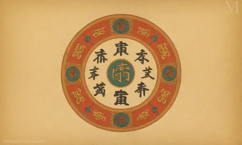 Vintage ilustración de Aplicaciones de Ba Gua Kua (pa kua) en la filosofía china de Bagua, enfatizando las leyes universales y la importancia histórica.