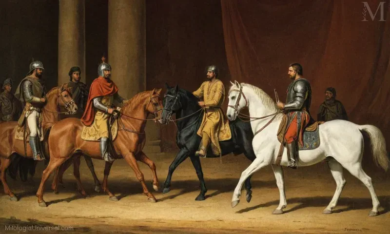 Ilustración de dos legendarios jinetes de la mitología griega.