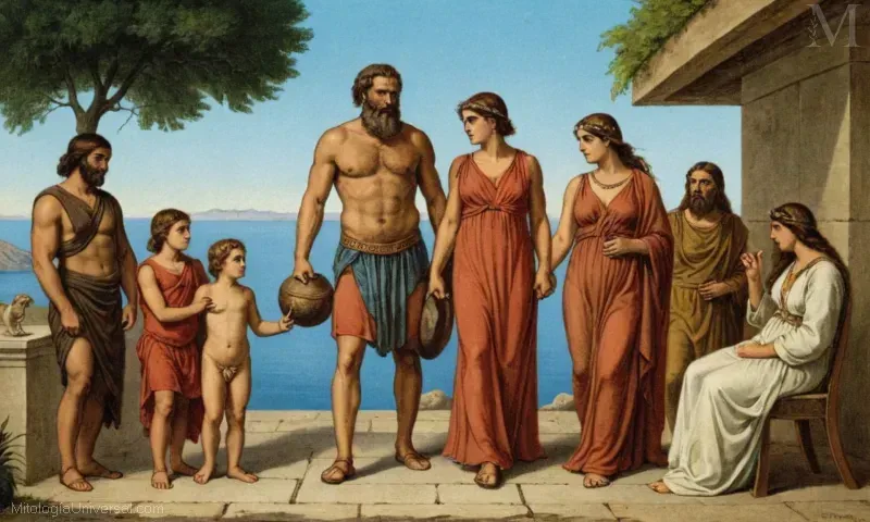 Ilustración de la historia mitológica La Relación con Jason y Medea por Batrach Amphicryses donde Jason rescata a Medusa y sus hijos, llevando a la tragedia y la lucha.