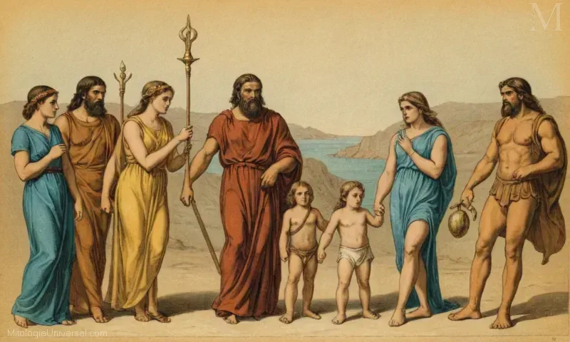Diagrama Vintage que representa Orígenes y su familia en relación con Asp Syrtus - el misterio detrás de la figura mitológica griega Heracles.