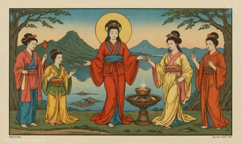 Ilustrada impresión vintage que representa el significado cultural y el papel de Benzaiten como diosa de la buena fortuna, la sabiduría y la cultura japonesa.