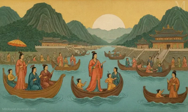 Ilustración vintage de El Gran Diluvio o el Diluvio, representando a la diosa Bixia. Caracterizada por el sol creciente y la fertilidad en la mitología china asociada a la dinastía Shang (1600 a 1046 BCE).