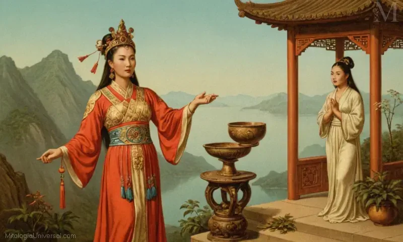Ilustración vintage que representa Bixia, la diosa china asociada al amanecer, la fertilidad y los nuevos comienzos.