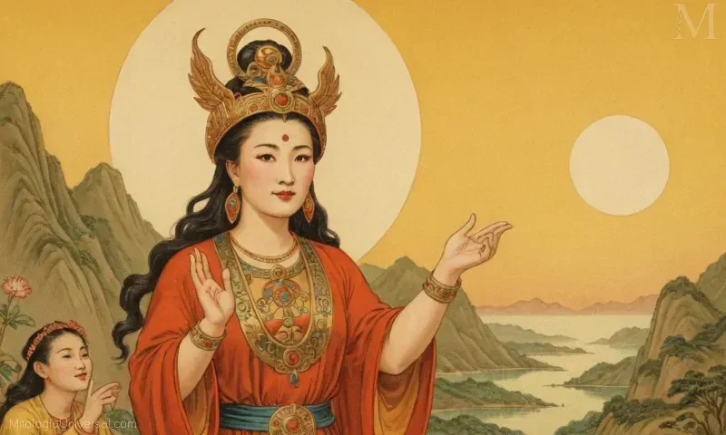 Vintage ilustración representando a Bixia como la diosa del amanecer y la deidad de la fertilidad en el folklore chino.