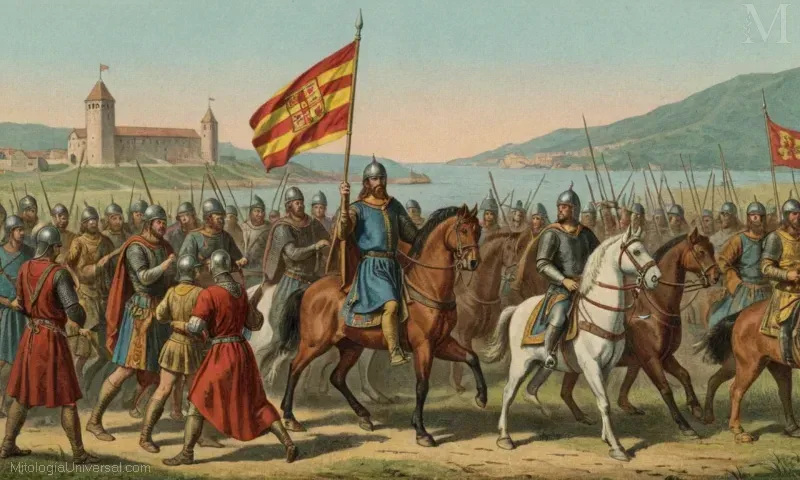 Ilustración vintage de Björn Costado de Hierros cuenta histórica sobre las redadas vikingas en España y Pisa, destacando la explotación de riquezas y recursos durante el siglo X.