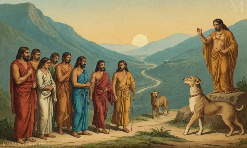 Ilustración vintage de Orígenes y la evolución de su concepto como Bodhisava compartiendo compasión y guiando a otros en el camino.