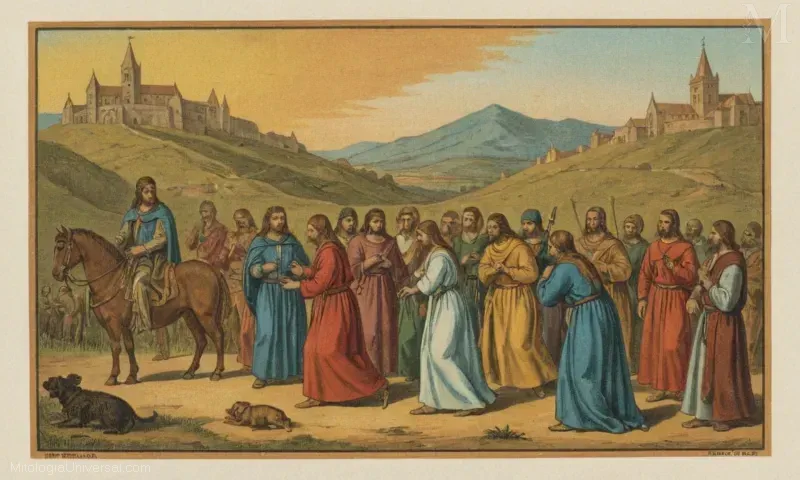 Imagen vintage de los dioses Nórdeir (Dion), Lofur (Música) y Freyja (Inspiración) de la conclusión por el dramaturgo Benito Bragy. Esta adaptación del idioma español de Shakespeares juega A Midsummer Nights Dream tiene lugar en la mitología de Norse.