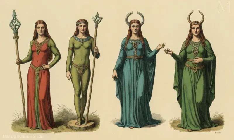 Ilustración vintage de Cailleach, un espíritu invernal galés y cornish representado como una bruja con escoba, varita y manto. Simboliza el solsticio de invierno y el ciclo de vida, muerte y renacimiento. Representa la práctica de las culturas celtas.