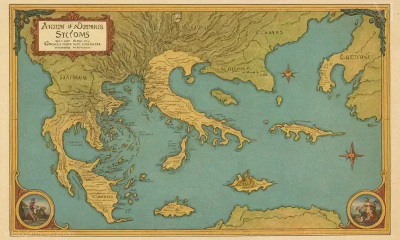 Mapa vintage del antiguo Sicyon y Cadmus, ilustrando legendario Mitos griegos, con texto acompañante discutiendo el significado mitológico.