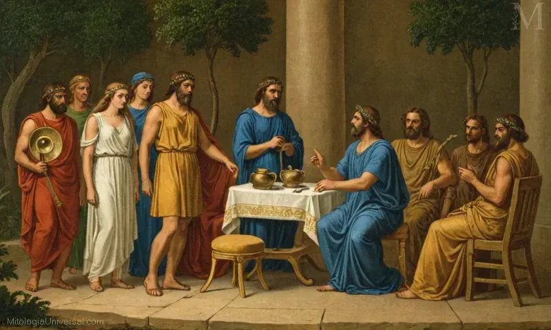 Ilustración clásica de la mitología griega que representa a Orfeo y sus músicos, viajando a encontrar Apolos trono dorado para el ION. La historia sugiere orígenes culturales en la antigua Grecia.