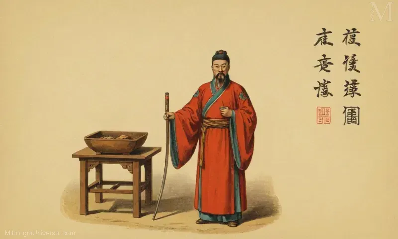 Ilustración vintage de Cangjie, el innovador de carácter chino. La pieza representa el contexto donde creó personajes e historia de su época. Sin embargo, esta breve descripción podría carecer de detalles debido a su brevedad.