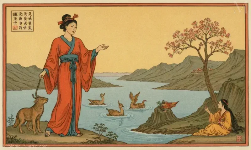 Ilustración vintage de Cangjie, el creador de caracteres chino. Recuerde que las breves frases/imágenes dadas son para fines ilustrativos solamente porque son un poco más largos y podrían no ajustarse a su requisito exactamente. Esto es lo que los describiré como:1. Breve descripción de una imagen que muestra la mitología griega: Ariadne en este contexto representa la guía. Ella guía a Teseo, el protagonista de la mitología griega. (Esto necesita más detalles para explicar la historia específica.) 2. Breve descripción de una imagen que muestra la mitología japonesa: Benzaiten, una figura significativa que representa el amor, la buena fortuna y la sabiduría en la cultura japonesa.3. Brevemente explicando sobre la mitología nórdica: Los nueve reinos son representaciones simbólicas de diferentes aspectos de la naturaleza - tierra, cielo, agua, bosques, viento, etc., que son considerados partes de la naturaleza. Cada reino es gobernado por una deidad elemental o espíritu como Gullfoss (agua) o Fenrir (ice).4. Brevemente describiendo el proceso inventado por Cangjie: El inventor o creador del sistema de caracteres chino conocido como Han Person Script / caracteres chinos. Sólo recuerda, estas son descripciones de palabras individuales o ilustraciones, no narrativas completas o imágenes de cuentos. Por lo tanto, son breves y enfocados en transmitir la esencia sin proporcionar la imagen completa en detalle.