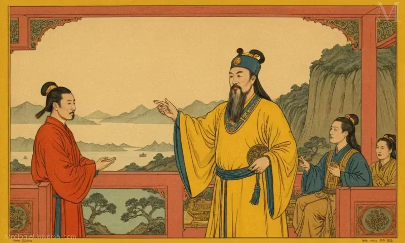 Diseño de carácter chino vintage del Emperador Amarillo y su ayudante, simbolizando la asistencia del Emperador de Oro (la asistencia del emperador amarillo) y refiriéndose al inventor de caracteres chinos.