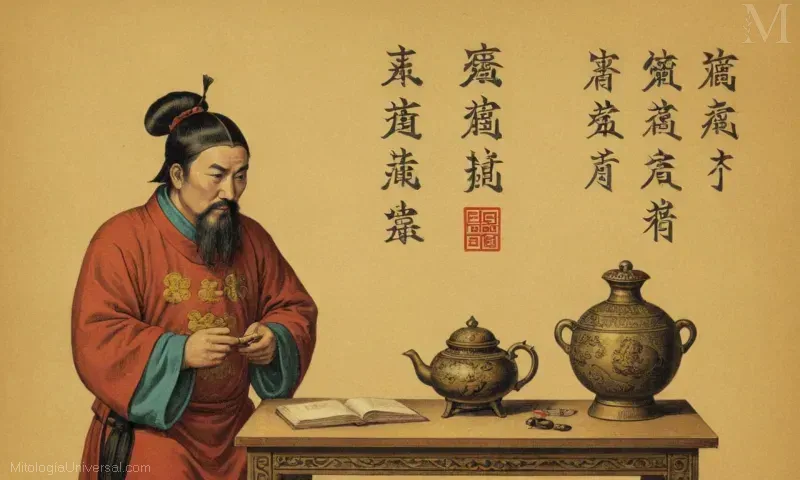 Obras de arte china vintage que representan a un antiguo individuo conocido como Cangjie como el inventor de caracteres chinos.