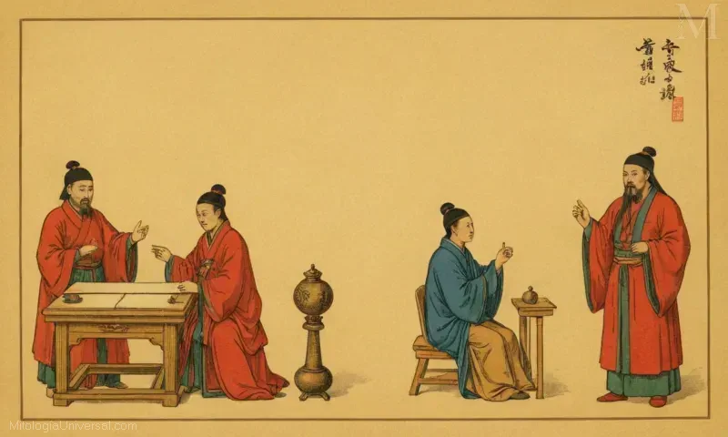 Imagen vintage de Cangjie como inventor de caracteres chinos. Esta persona también se conoce como Wang Bi o Weilin en registros históricos chinos y literatura. Se les atribuye inventar cientos de caracteres chinos simplificados durante el periodo CE del siglo III. Esta contribución fue fundamental para simplificar el lenguaje