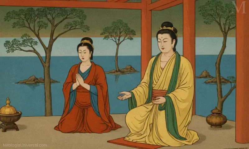 Ilustración vintage de Guanyin, Kannon en Japón (adaptación y evolución en Japón de la diosa budista Kannon). La breve descripción pone de relieve la importancia religiosa y las adaptaciones culturales adoptadas por esta deidad en diversos países. Por ejemplo, Kannon se cree como un símbolo universal para la salvación y la purificación que sirve como un aspecto esencial en la cultura japonesa. This change and adaptation not only showcase the flexibility of religious beliefs but also emphasizes how cultures borrow, adapt or even create their own tradition from pre-existing faiths and deities.