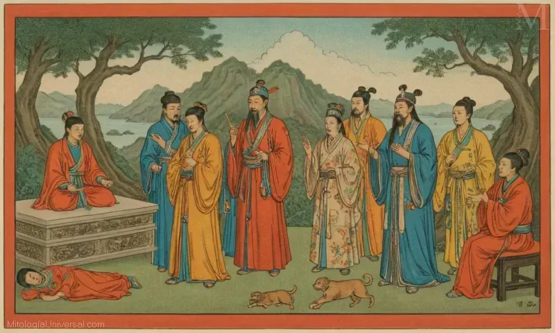 Vintage ilustración de El Encuentro con los Inmortales de Cao Guojiu, representando el Taoísmo, la inmortalidad y un Emperador.