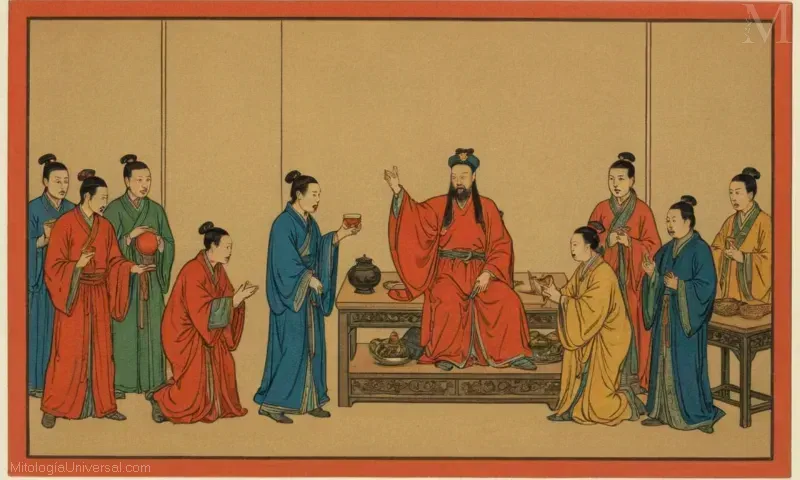 Imagen vintage de China, ilustrando La Incorporación a la Lista de Inmortales por Cao Guojiu - con Tao (culto de inmortalidad china), Inmortal y Emperador.
