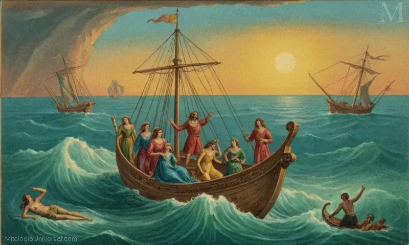 Ilustración vintage de El Estrecho de Escila y Charybdis, un mito sobre la vida y la muerte en el océano abierto, representando el riesgo y la recompensa.