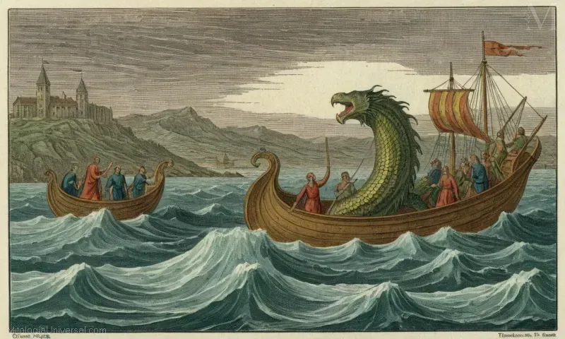 Antiguo grabado que representa los mitos que rodean Charybdis, la sira del terror en las obras mitológicas de Orígenes. La pieza explora la paternidad y la naturaleza destructiva del monstruo oceánico a través de su terrible historia.