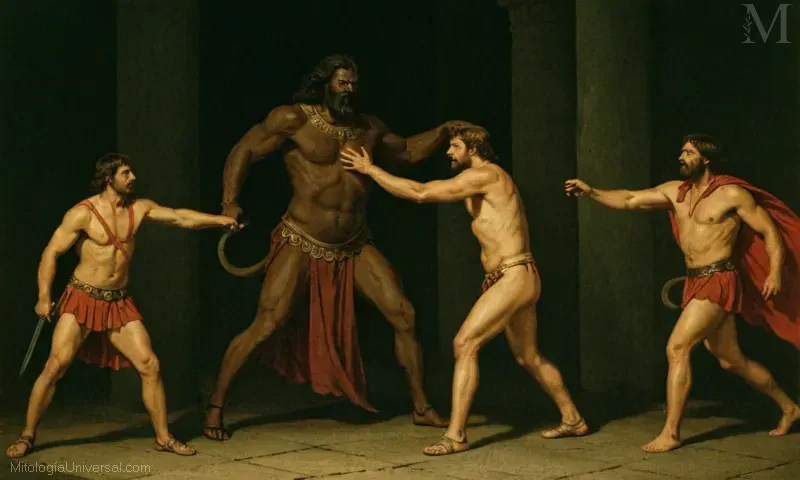 Ilustración vintage de El Mito de Heracles, la Captura de Cerbero por Cerbero, que representa la historia y la mitología de Hércules como el Guardián.