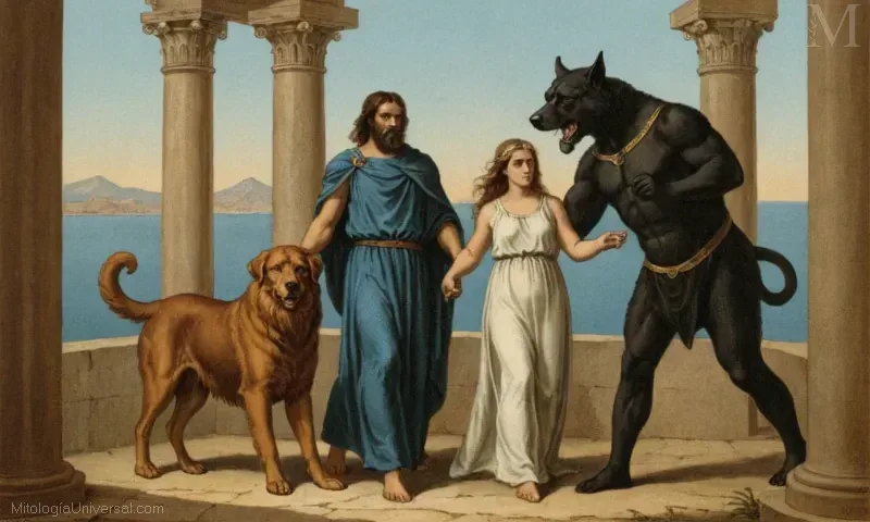 Ilustración vintage de Cerbero como guardián en la Mitología Moderna con breve historia > .