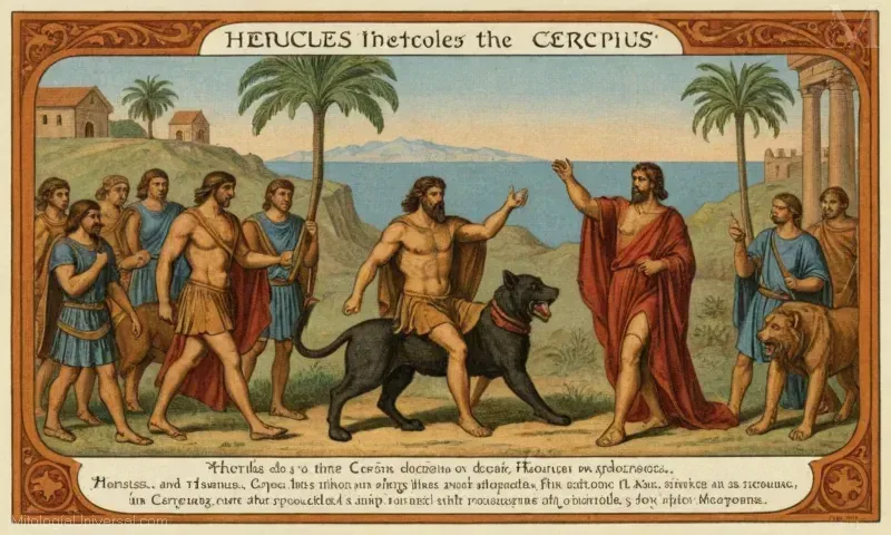 Vintage ilustración de un texto medieval en latín detallando la historia de Hércules y el Cerbero de la mitología griega. La Historia de Heracles y los Cercopes de Cercopes: La Historia de Heracles y los Dioses.