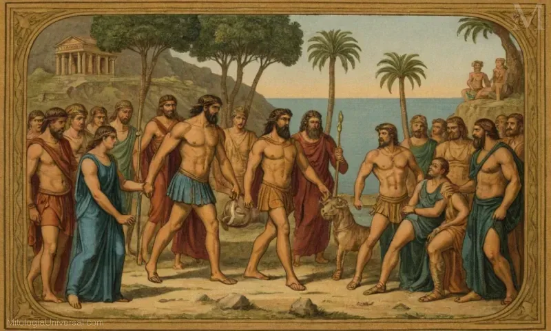 Ilustración vintage del libro dedicado a la historia de Hércules y los dioses con un mapa intrincado que representa los nueve reinos del árbol mundial según la cosmología nórdica.
