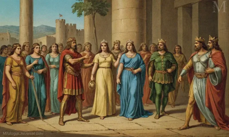 Vintage ilustración mostrando orígenes y mito antiguo alrededor de Cerda de la legendaria historia de la corona. Orígenes, la figura fundadora de leyendas antiguas e historias con Cerda, ambas representando figuras míticas en un escenario de linaje real destacando su antigua conexión.