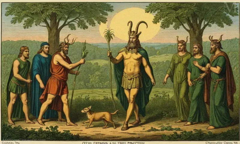 Grabado clásico con la deidad celta Cernunnos como el usuario de maíz, simbolizando la fertilidad y la protección.