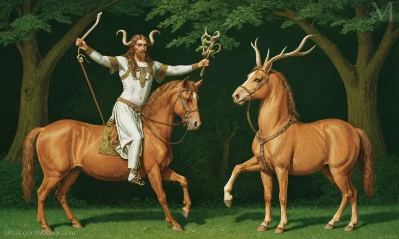 Ilustración con la deidad Cernunnos, una figura equina prominente en las mitologías celtas que simboliza el conocimiento y la sabiduría.