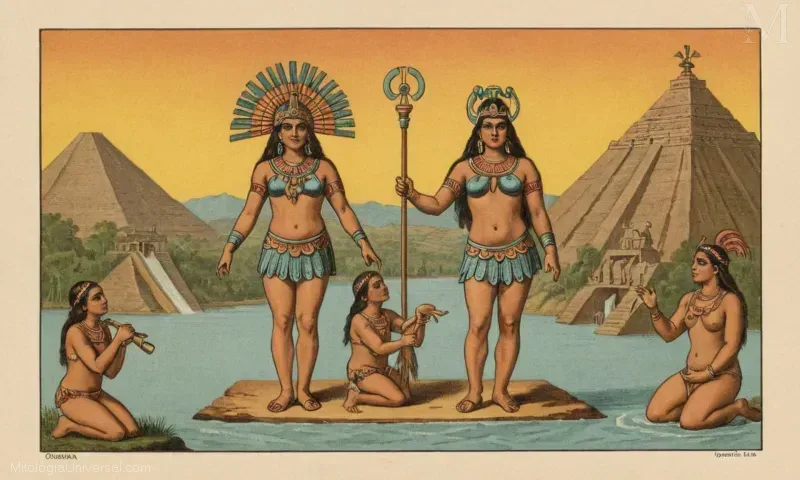 Ilustración vintage de Chalchiuhtlicue, la deidad azteca asociada con agua y vida.