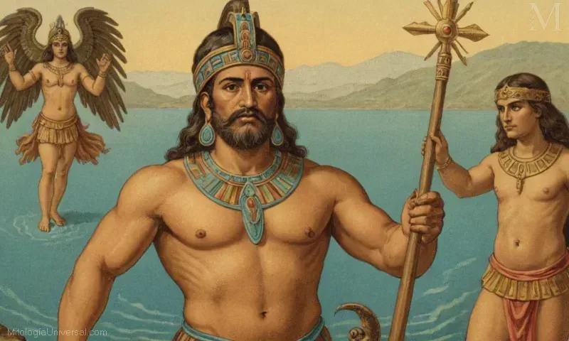 Ilustración vintage de una deidad asociada al agua y la vida de la mitología azteca: Chalchiuhtlicuyes otros dioses.