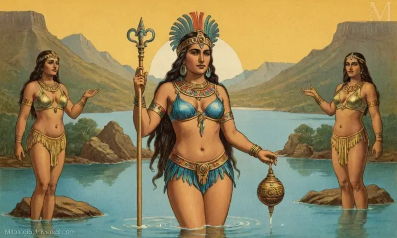 Ilustración vintage de Chalchiuhtlicue, la diosa azteca de agua y vida.