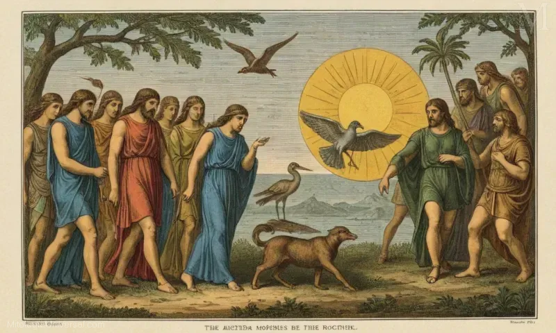 Grabado vintage con antiguas criaturas mitológicas griegas como Chalkydri - aves míticas asociadas con el sol y historias relacionadas de los escritos de Orígenes.