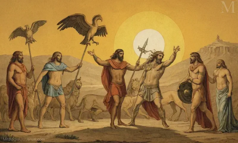 Ilustración de Chalkydri, criaturas míticas relacionadas con el sol, de la mitología griega. Se puede ver como interrelacionado con otras mitologías antiguas.