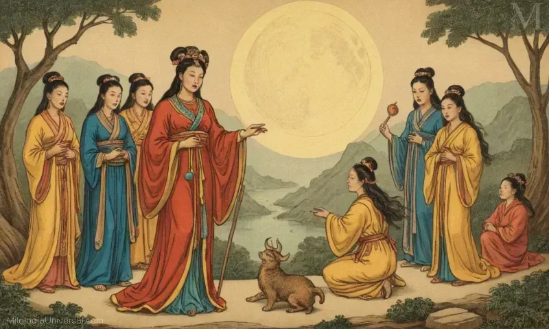 Amuleto de luna crescente chino Vintage que representa Simbolismo y Representación Artística de Cambio (deidad de color).