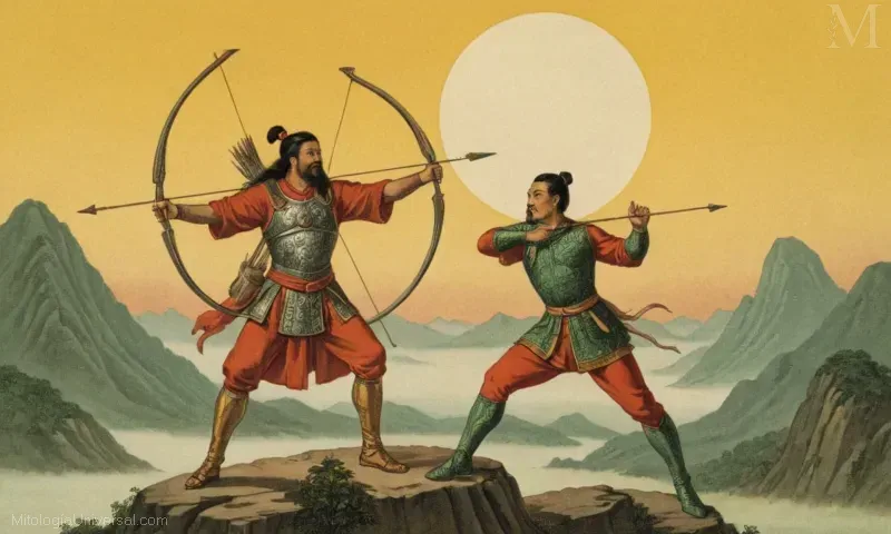 Vintage ilustración de Houyi, un legendario héroe y arquero divino chino que se dice que ha derribado la Montaña Jade (el lado sur del Cielo) para hacer espacio para el Sol. En esta representación, Houyi se muestra como una deidad junto a la luna con un arco celestial en la mano.