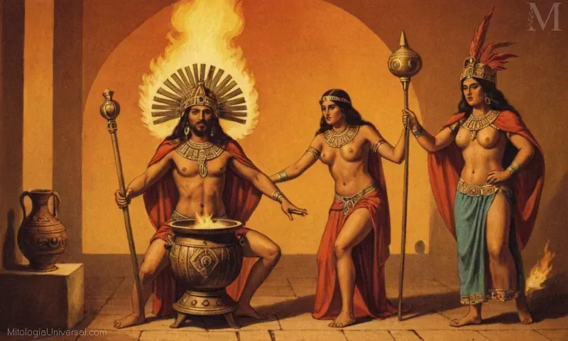 Ilustración vintage que muestra la deidad azteca Chantico con su caldero ardiente simbolizando pasión y vida. Conocido como Chantico y el Fuego Doméstico, esta pieza explora la conexión entre fuego, devoción y existencia en el mundo antiguo de los aztecas.