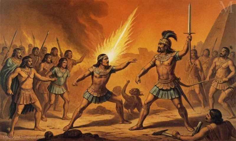 Vintage ilustración de Chantico y la Guerra (Chantico y Guerra) representando tanto la destrucción como la renovación en la mitología del imperio azteca, representado como figura ardiente.