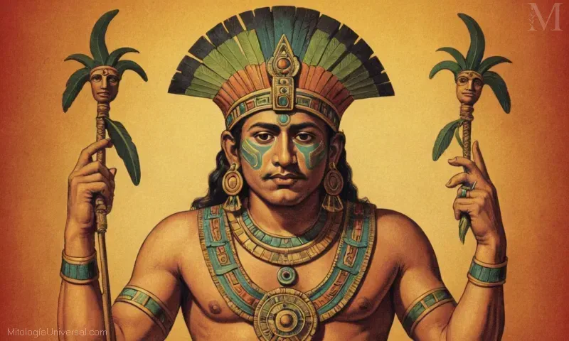 Ilustración vintage de la deidad azteca Chantico con atributos y elementos simbólicos.