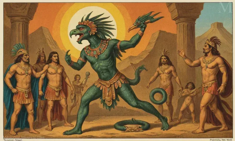 Ilustración vintage que representa Quetzalcoatl, la deidad azteca y su nacimiento.