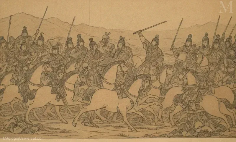 Vintage japonés armadura-clad deidad ilustración que representa la culminación de Chiyou (el Dios celestial oriental), representando tanto la guerra como el legado de la cultura oriental.