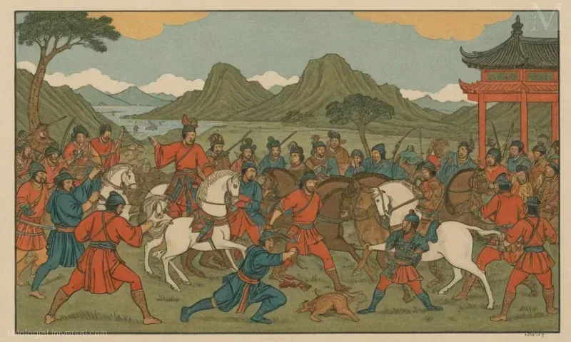 Vintage ilustración representando a La División de los Miao y el reinado de Zhuolou de Chiyou - una deidad de la guerra y la influencia del este asiático.