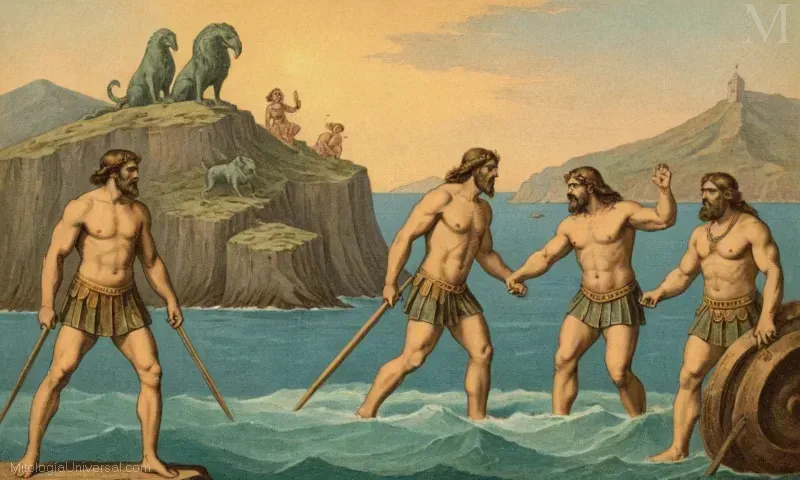 Ilustración vintage de antiguos dioses ciclops y su legado en la mitología griega y celta. El legado de los cíclopes de Cíclope: Mitología, Historia y Orígenes explora la conexión cultural y mitológica entre las historias de Cyclops, Minotauro, y otros monstruos marinos presentes en los mitos griegos y celtas, y la antigua leyenda del Cyclop. Este libro lleva a los visitantes a través del tiempo, el espacio y la mitología para explorar el nacimiento, el desarrollo y la supervivencia de estas historias. Las ilustraciones capturan momentos clave en estos primeros relatos evolución a través de los siglos.