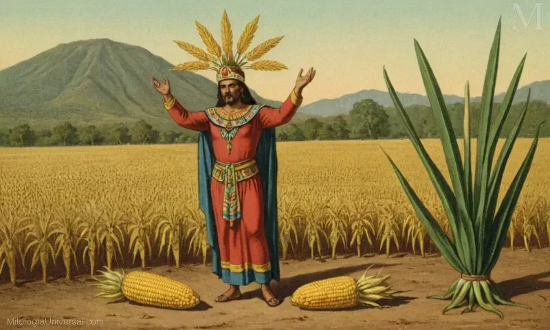 Ilustración vintage de un dios mexicano adorando el maíz. Mención Rituales y Cultos (rituales y cultos) y Cinteotl, la deidad conocida por la agricultura y el maíz en el contexto de la mitología mexicana.