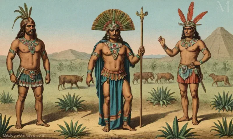 Ilustración vintage que muestra Orígenes Mitológicos y Cosmogonía de Cinteotl, la deidad azteca que representa la agricultura y la mitología mexicana.