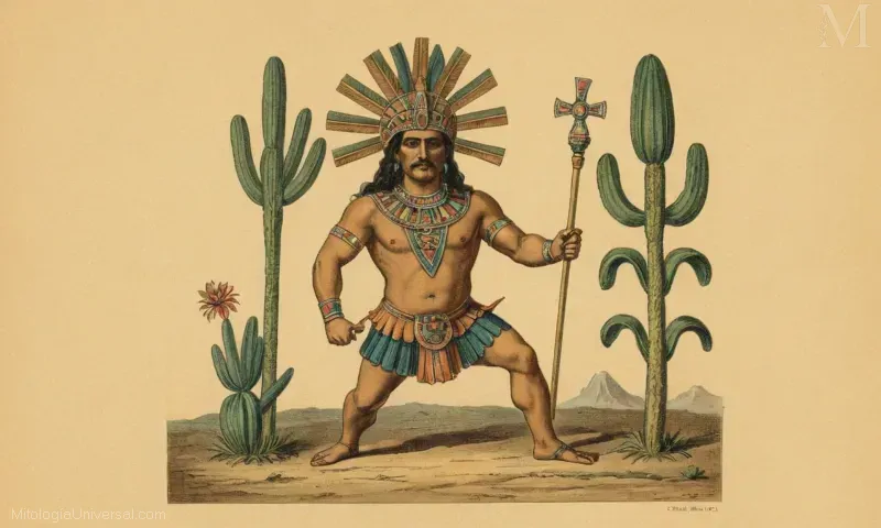 Ilustración vintage de la deidad azteca Cintleotl, que es considerado el santo patrón de la agricultura y la cultura indígena. Esto representa la importancia y el legado que posee en el folclore y la mitología mexicanas.