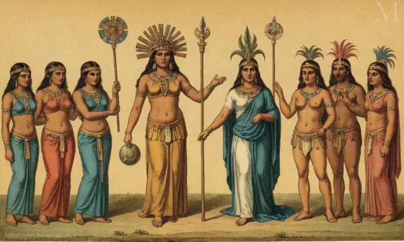 Ilustración vintage de Orígenes y su cosmología azteca que representa la diosa celestial Citlalcue con la Vía Láctea.