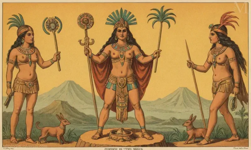 Ilustración vintage con Coatlicue, la diosa azteca de fertilidad y sacrificio.